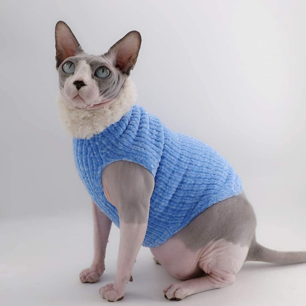 Sphynx Cat Clothes Winter Warm Faux Fur Sweater Outfit, Fashion High Collar Coat for Cats Pajamas for Cats and Small Dogs Apparel, Hairless Cat Shirts Sweaters (S (3.3-4.4 Lbs), Sky Blue)