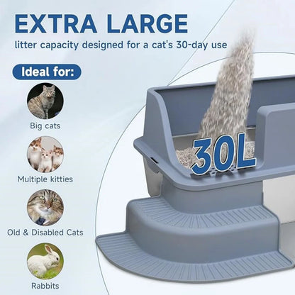 Extra Large Stainless Steel Enclosed Cat Litter Box, Odor-Resistant and Easy to Clean, Gray