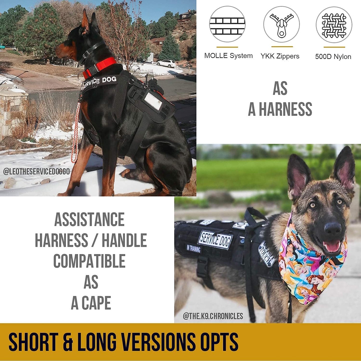 Service Dog Harness, Large Dog Harness Removable Neck Strap Compatible with Assistance Harness & Handle (Black, Short Version)