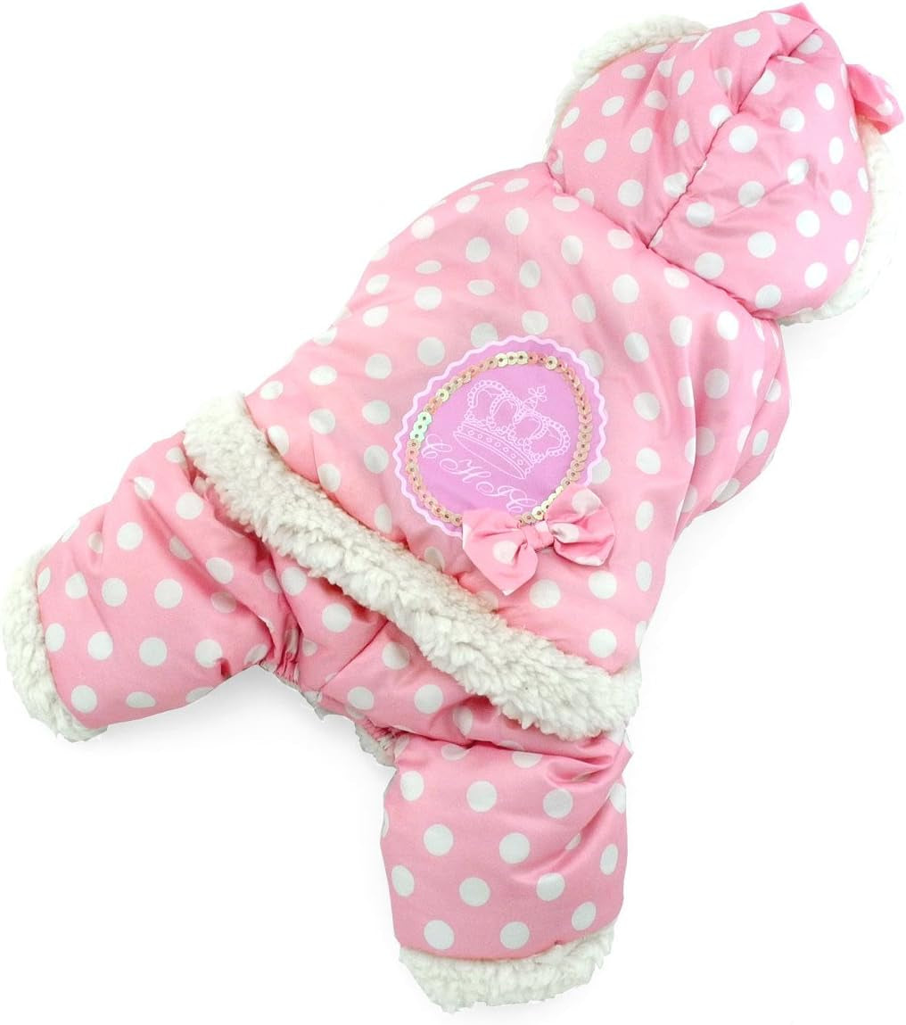 Polka Dots Hooded Warm Pet Fleece Jumpsuit Puppy or Cat Winter Snowsuit Small Dog Cat Coat Jacket Pjs Outfits Chihuahua Clothes Apparel Pink L