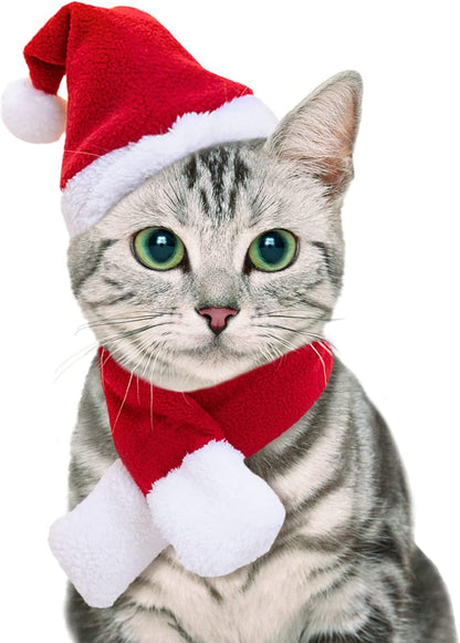 Christmas Cat Hats Costume, Santa Hat with Red Scarf for Cats Small Dogs, Rabbit Christmas Hat Outfit, Small Xmas Apparel for Statue, Toys Decoration