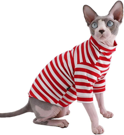 Sphynx Hairless Cat Red Stripe Breathable Summer Cotton T-Shirts Pet Clothes,Round Collar Vest Kitten Shirts Sleeveless, Cats & Small Dogs Apparel (XL (8.8-11 Lbs), Red Stripes)