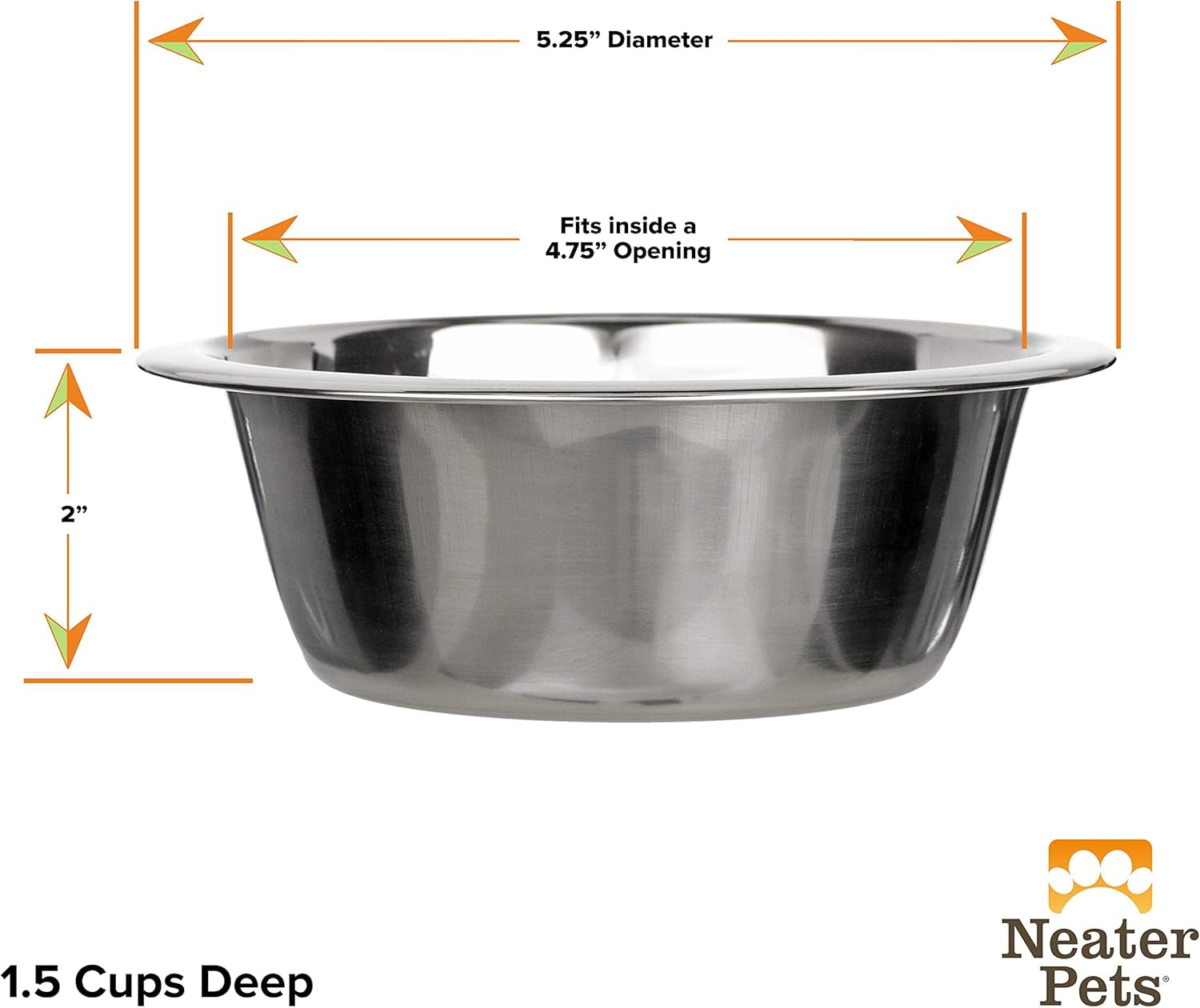 Stainless Steel Dog and Cat Bowls (2 Pack) Neater Feeder Deluxe or Express Extra Replacement Bowl (Metal Food and Water Dish) (1.5 Cup Deep)