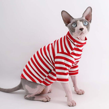 Sphynx Hairless Cat Red Stripe Breathable Summer Cotton T-Shirts Pet Clothes,Round Collar Vest Kitten Shirts Sleeveless, Cats & Small Dogs Apparel (XL (8.8-11 Lbs), Red Stripes)