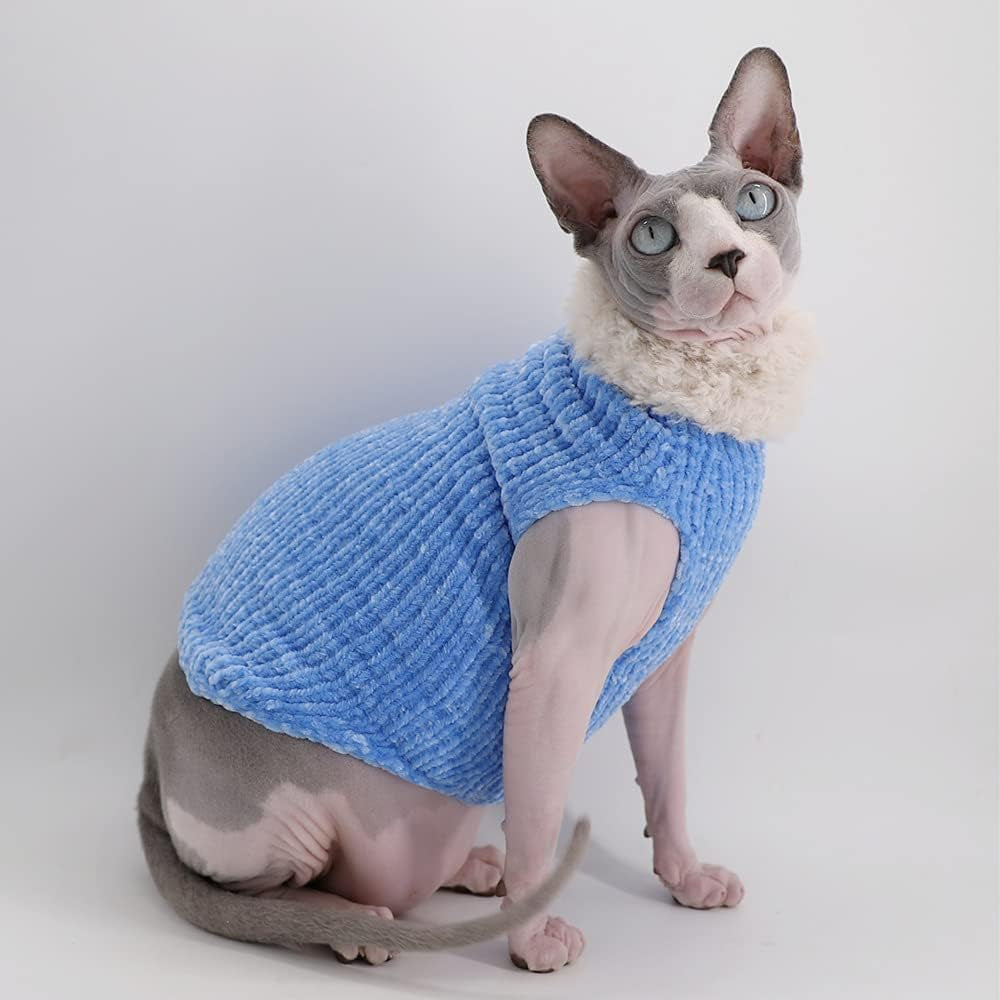 Sphynx Cat Clothes Winter Warm Faux Fur Sweater Outfit, Fashion High Collar Coat for Cats Pajamas for Cats and Small Dogs Apparel, Hairless Cat Shirts Sweaters (S (3.3-4.4 Lbs), Sky Blue)