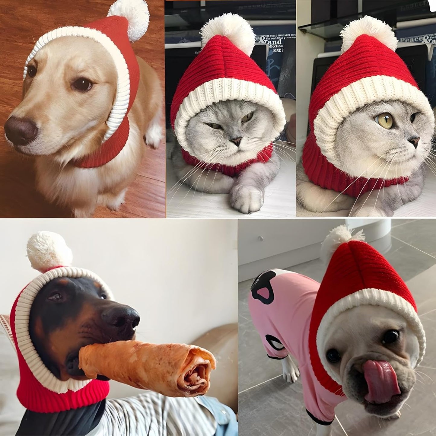 Funny Winter Dog Beanies Cap with Pompon Crocheted Snood Adorable Dog Hat Red Warm Winter Dog Hat Knit Snood Headband Protector for Pets & Women & Man (X-Small)