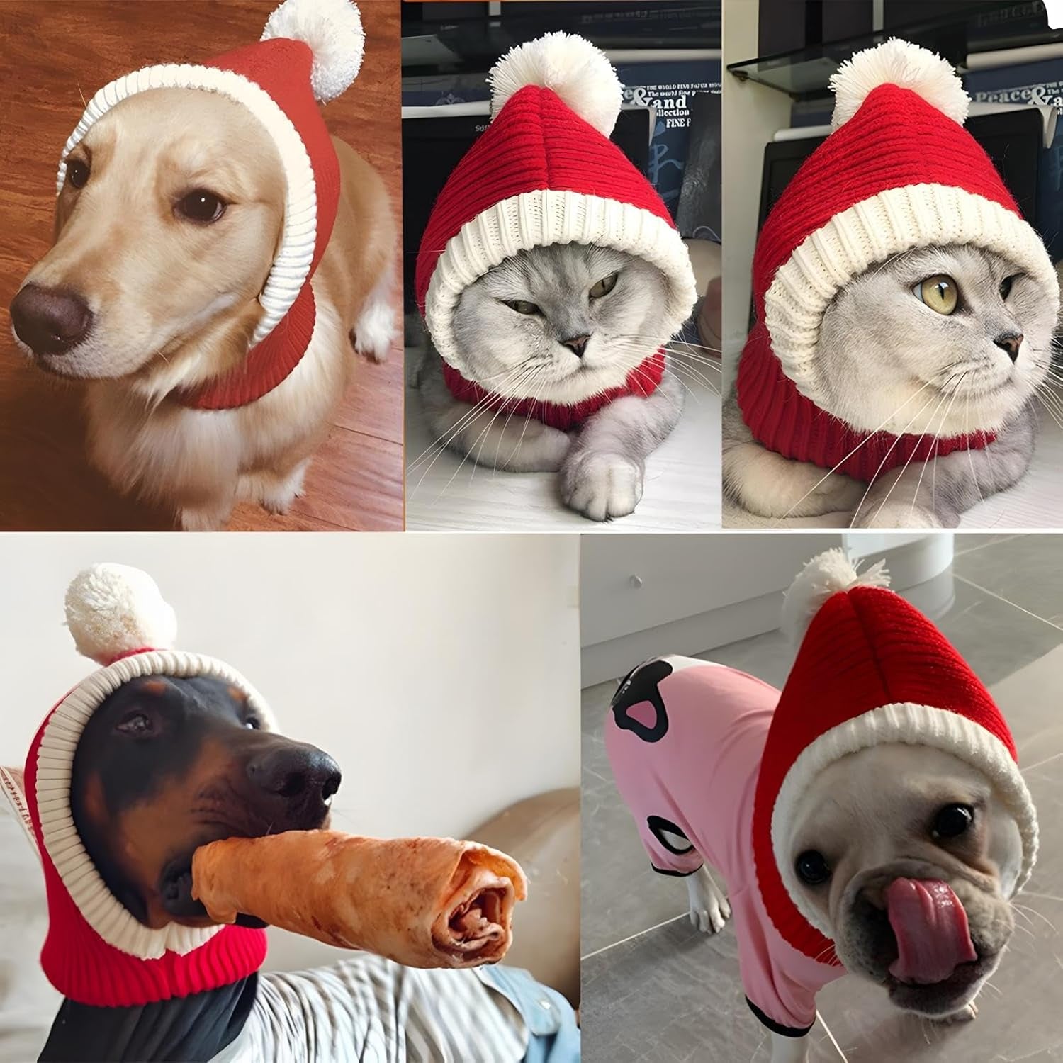Funny Winter Dog Beanies Cap with Pompon Crocheted Snood Adorable Dog Hat Red Warm Winter Dog Hat Knit Snood Headband Protector for Pets & Women & Man (X-Small)