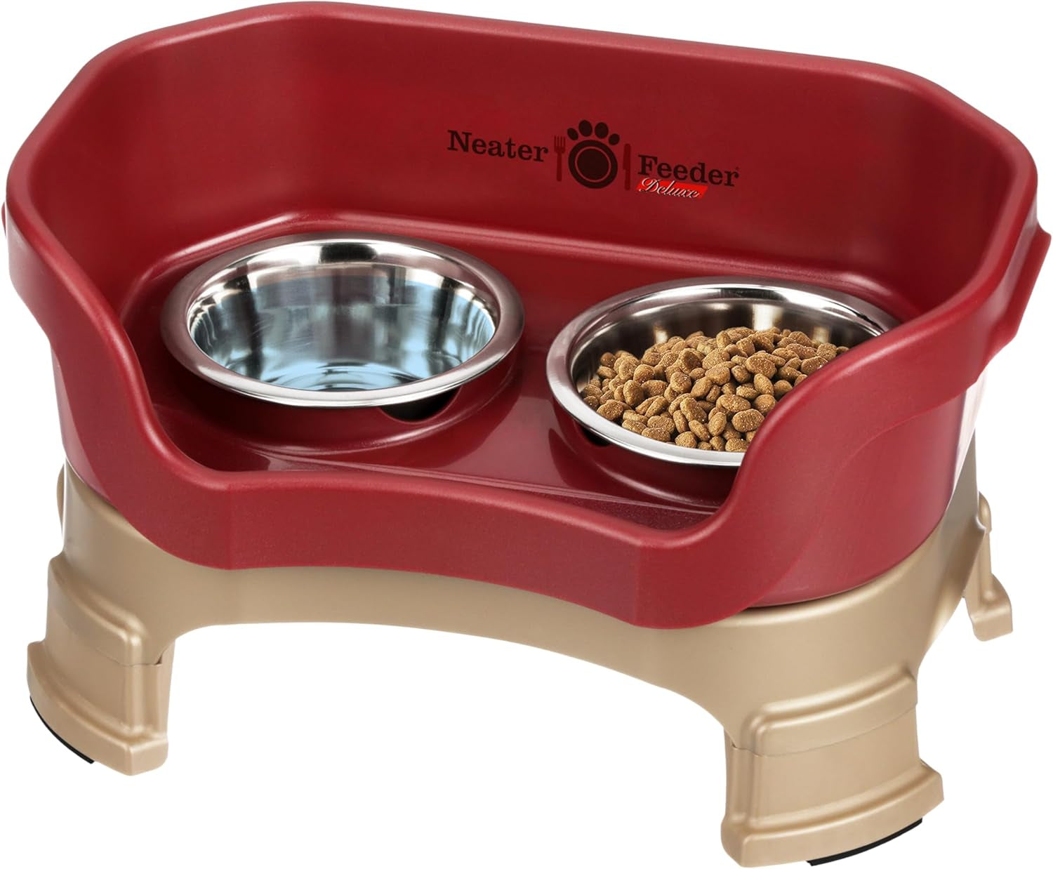 Neater Feeder Deluxe Small Mess Proof Feeder for Small Dogs & Cats, 1-1/2 Cup Food & 2-1/4 Cup Water Stainless Steel Bowls, Adjustable Height, Elevated, No Spill, Non-Tip, Non-Slip. Made in USA