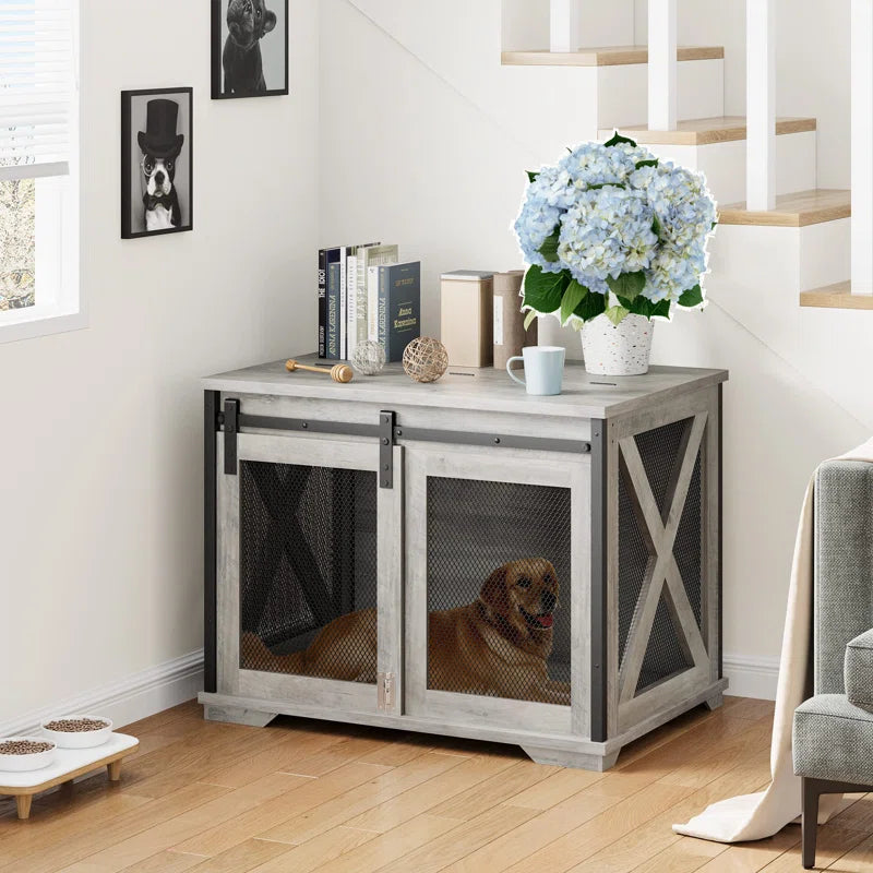 Dog Crate Furniture with Sliding Barn Door