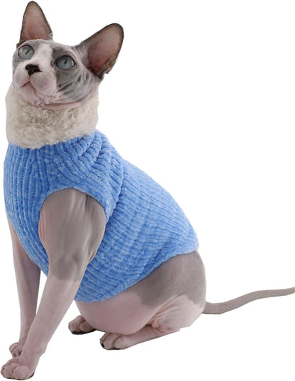 Sphynx Cat Clothes Winter Warm Faux Fur Sweater Outfit, Fashion High Collar Coat for Cats Pajamas for Cats and Small Dogs Apparel, Hairless Cat Shirts Sweaters (S (3.3-4.4 Lbs), Sky Blue)