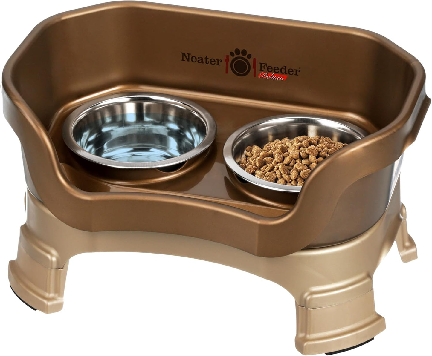 Neater Feeder Deluxe Small Mess Proof Feeder for Small Dogs & Cats, 1-1/2 Cup Food & 2-1/4 Cup Water Stainless Steel Bowls, Adjustable Height, Elevated, No Spill, Non-Tip, Non-Slip. Made in USA