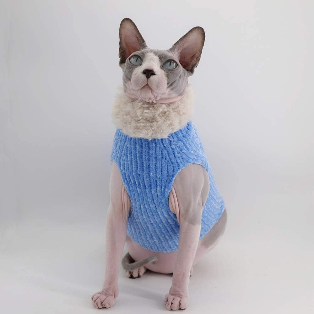 Sphynx Cat Clothes Winter Warm Faux Fur Sweater Outfit, Fashion High Collar Coat for Cats Pajamas for Cats and Small Dogs Apparel, Hairless Cat Shirts Sweaters (S (3.3-4.4 Lbs), Sky Blue)