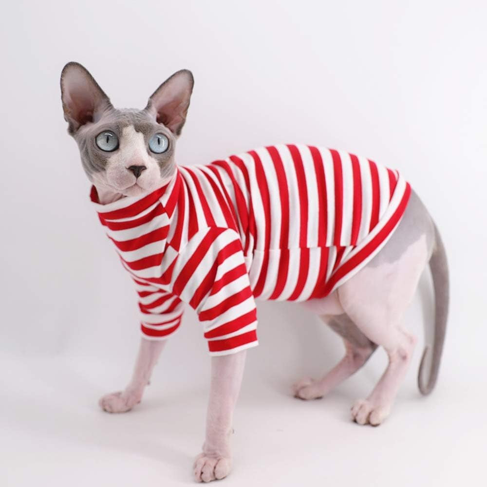 Sphynx Hairless Cat Red Stripe Breathable Summer Cotton T-Shirts Pet Clothes,Round Collar Vest Kitten Shirts Sleeveless, Cats & Small Dogs Apparel (XL (8.8-11 Lbs), Red Stripes)