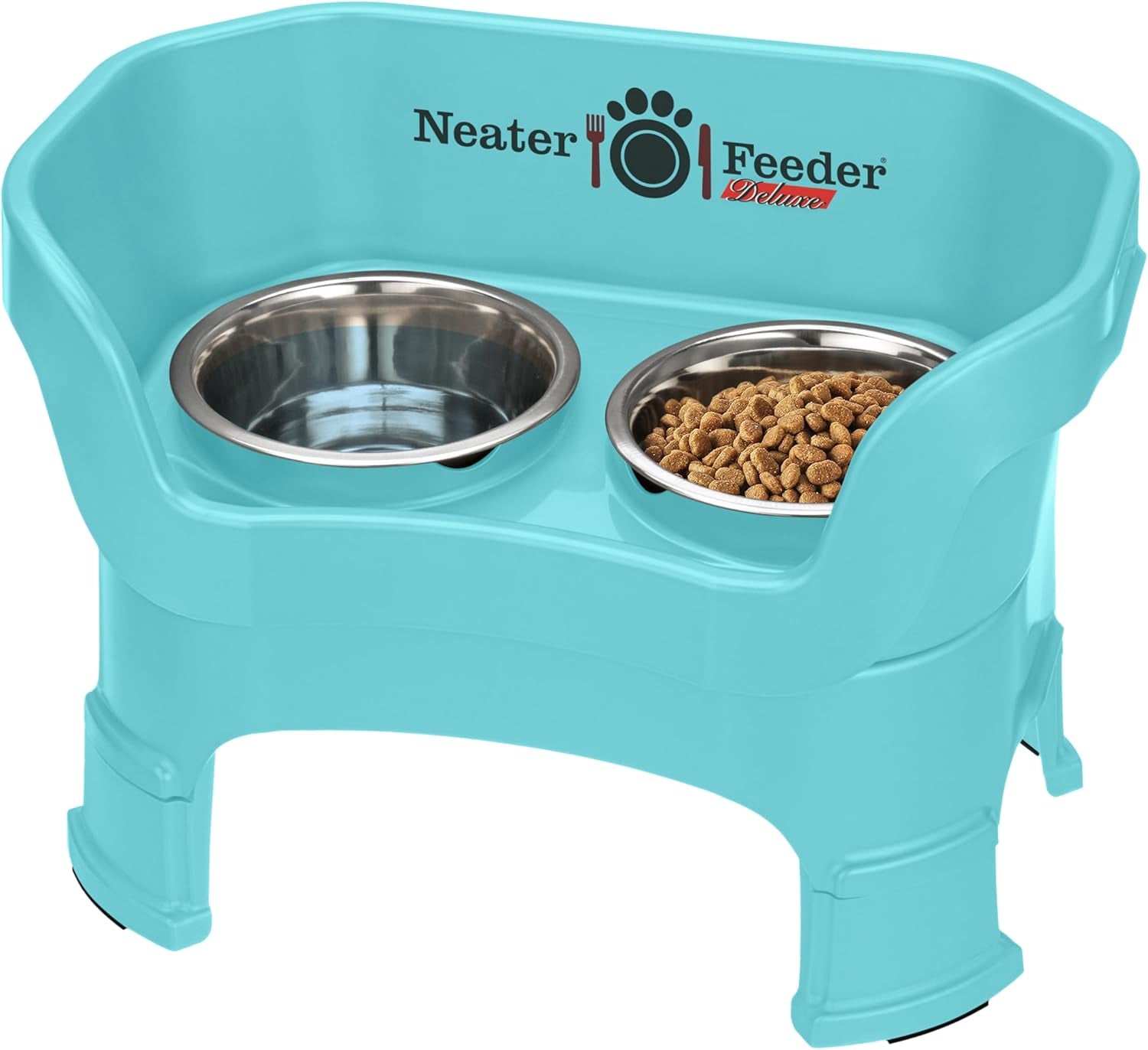 Neater Feeder Deluxe Small Mess Proof Feeder for Small Dogs & Cats, 1-1/2 Cup Food & 2-1/4 Cup Water Stainless Steel Bowls, Adjustable Height, Elevated, No Spill, Non-Tip, Non-Slip. Made in USA