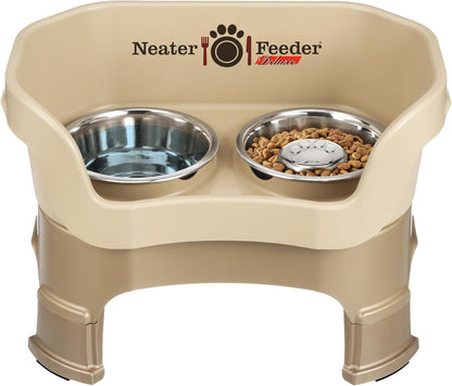 Neater Feeder Deluxe Small Mess Proof Feeder for Small Dogs & Cats, 1-1/2 Cup Food & 2-1/4 Cup Water Stainless Steel Bowls, Adjustable Height, Elevated, No Spill, Non-Tip, Non-Slip. Made in USA