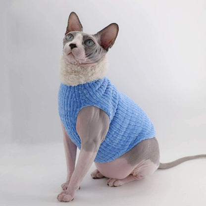 Sphynx Cat Clothes Winter Warm Faux Fur Sweater Outfit, Fashion High Collar Coat for Cats Pajamas for Cats and Small Dogs Apparel, Hairless Cat Shirts Sweaters (S (3.3-4.4 Lbs), Sky Blue)