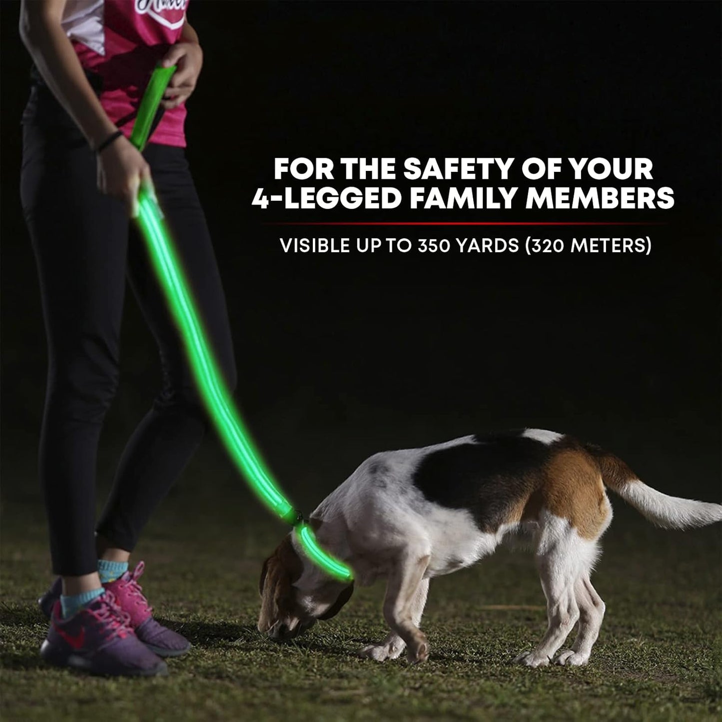 LED Light up Dog Leash | Ultra High Visibility up to 350 Yards | 3 Lighting Modes | USB Rechargeable, No Batteries Needed | Padded Handle & Rotating Swivel Clasp to Prevent Leash Tangling