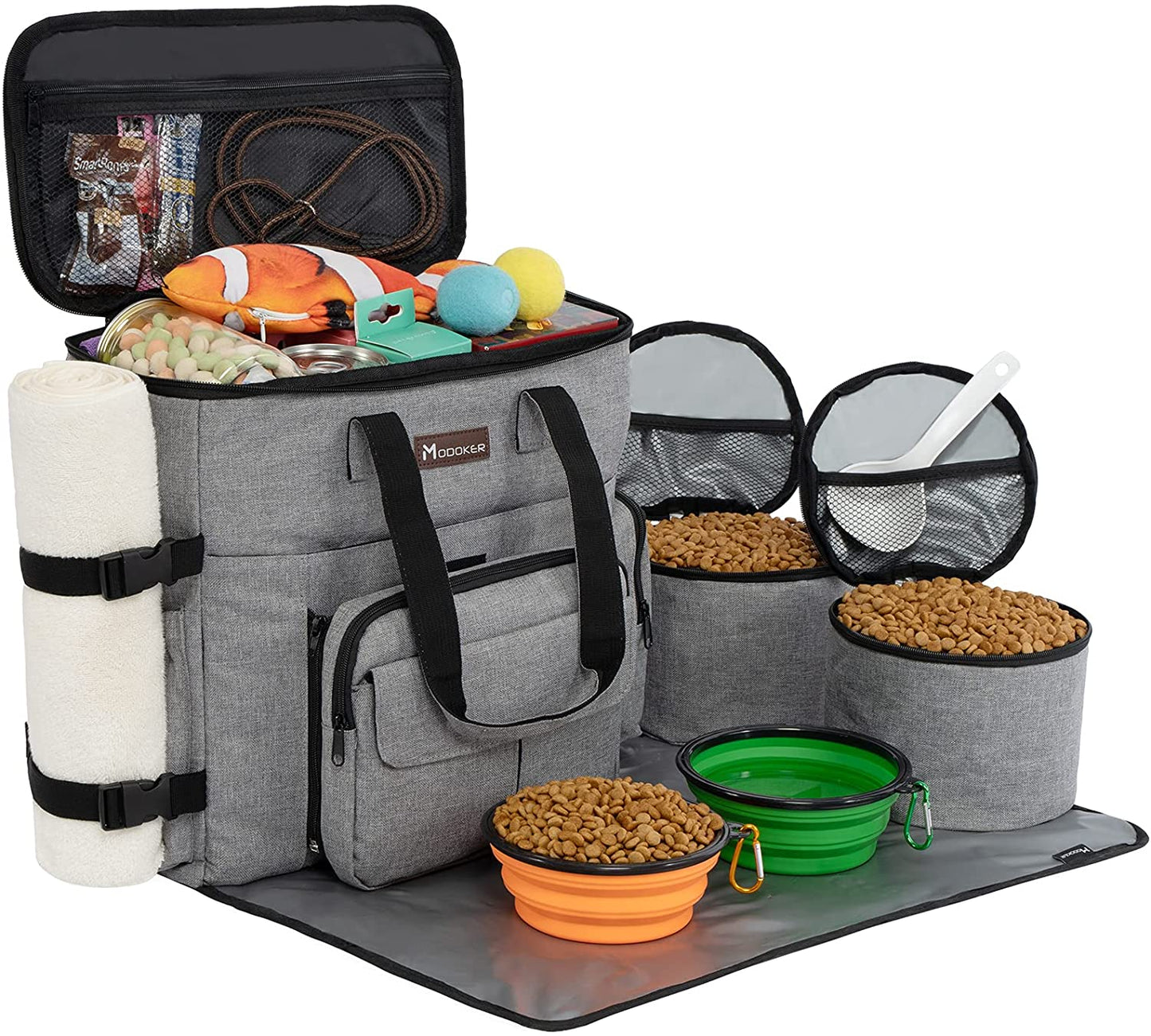 Dog Travel Bag, Weekend Pet Travel Set for Dog and Cat, Airline Approved Tote Organizer with Multi-Function Pockets, 2 Food Storage Containers, 2 Collapsible Bowls, 1 Feeding Mat (Grey)