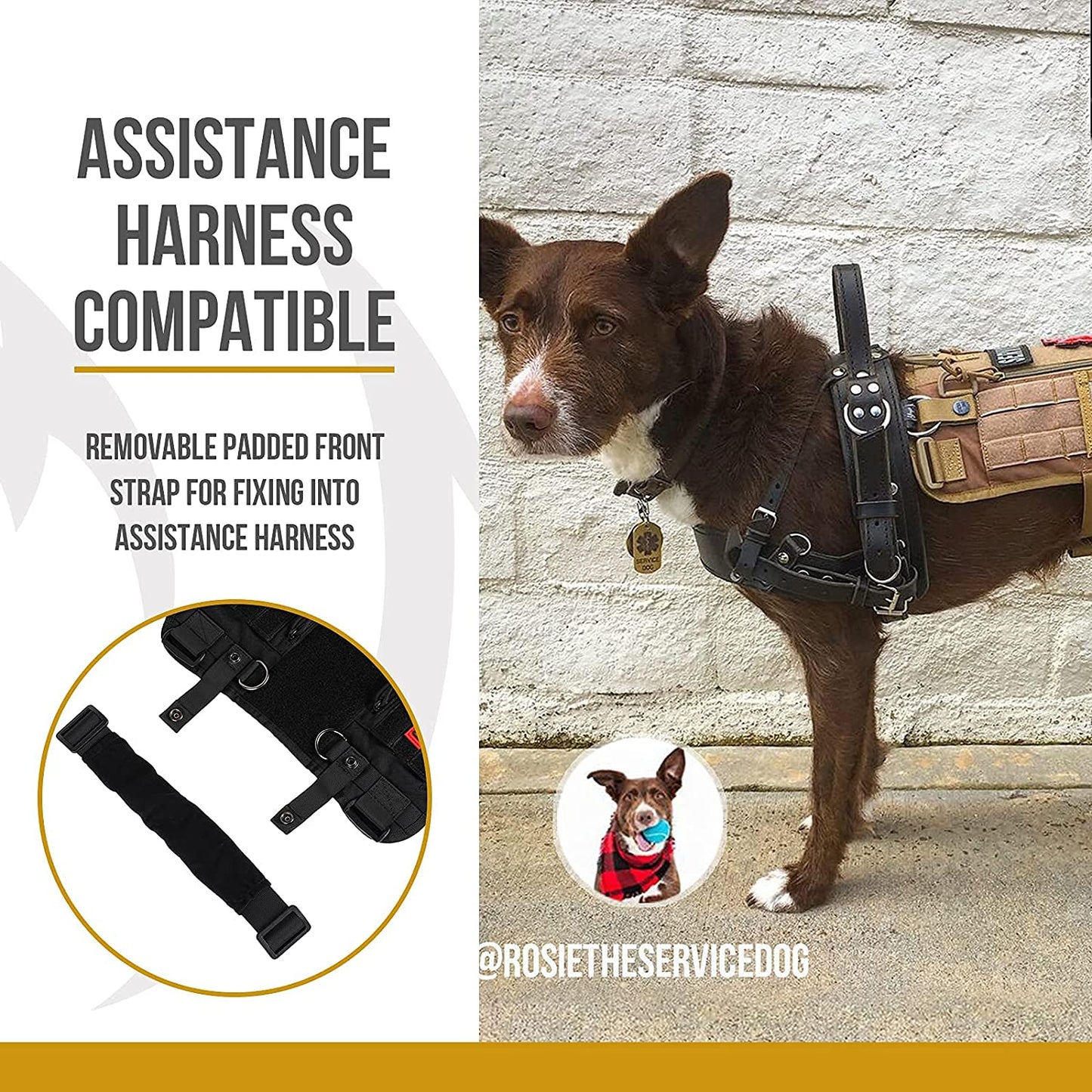 Service Dog Harness, Large Dog Harness Removable Neck Strap Compatible with Assistance Harness & Handle (Black, Short Version)