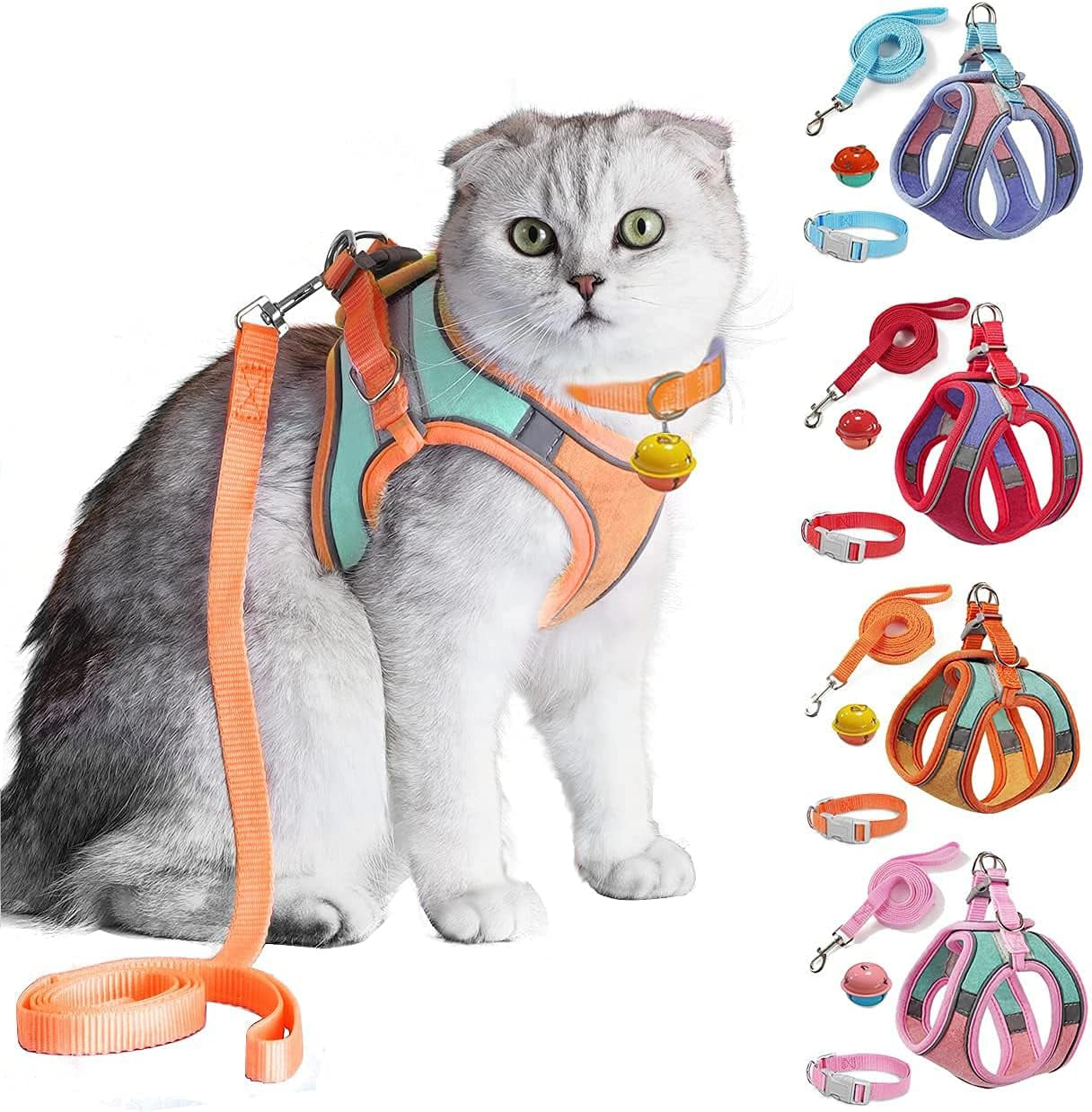 Cat Harness,Leash and Collar Set,Escape Proof Kitten Vest Harness for Walking,Easy Control Night Safe Pet Harness with Reflective Strap and Bell for Small Large Kitten,Fit for Puppy,Rabbit