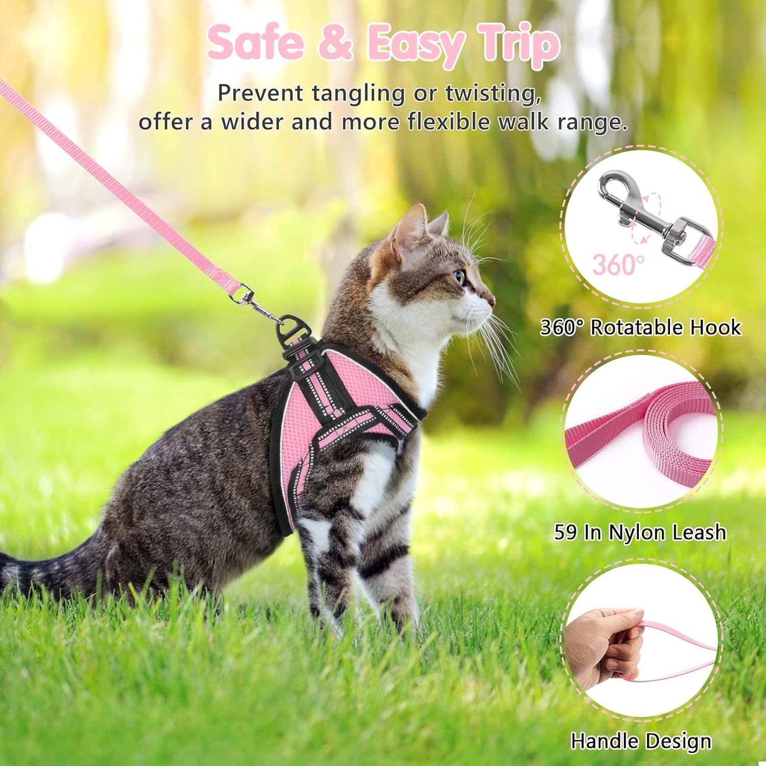 Cat Harness and Leash, Adjustable Step-In Escape Proof Kitten Harness with Reflective Strip, Soft Breathable Air Mesh Vest for Small Medium Cats, Easy Control Cat Jacket for Walking Training