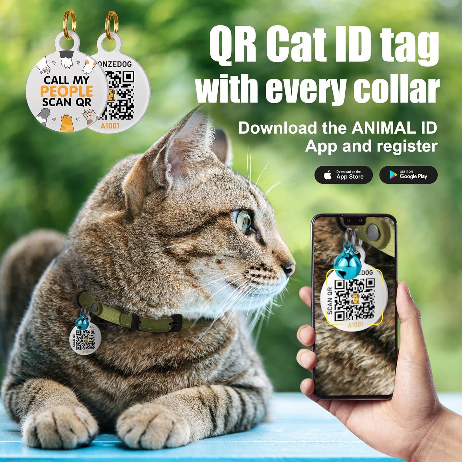 Cat Collar with Bell Kitten Rolled Leather Collars Safety QR ID Name Tag (Light Blue)