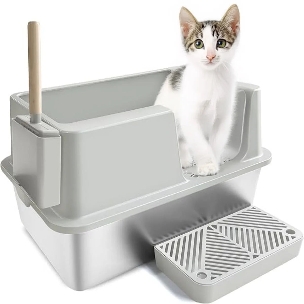 Extra Large Stainless Steel Enclosed Cat Litter Box, Odor-Resistant and Easy to Clean, Gray