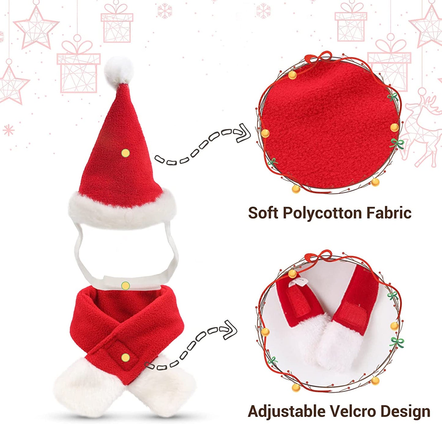 Christmas Cat Hats Costume, Santa Hat with Red Scarf for Cats Small Dogs, Rabbit Christmas Hat Outfit, Small Xmas Apparel for Statue, Toys Decoration