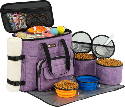 Dog Travel Bag, Weekend Pet Travel Set for Dog and Cat, Airline Approved Tote Organizer with Multi-Function Pockets, 2 Food Storage Containers, 2 Collapsible Bowls, 1 Feeding Mat (Grey)