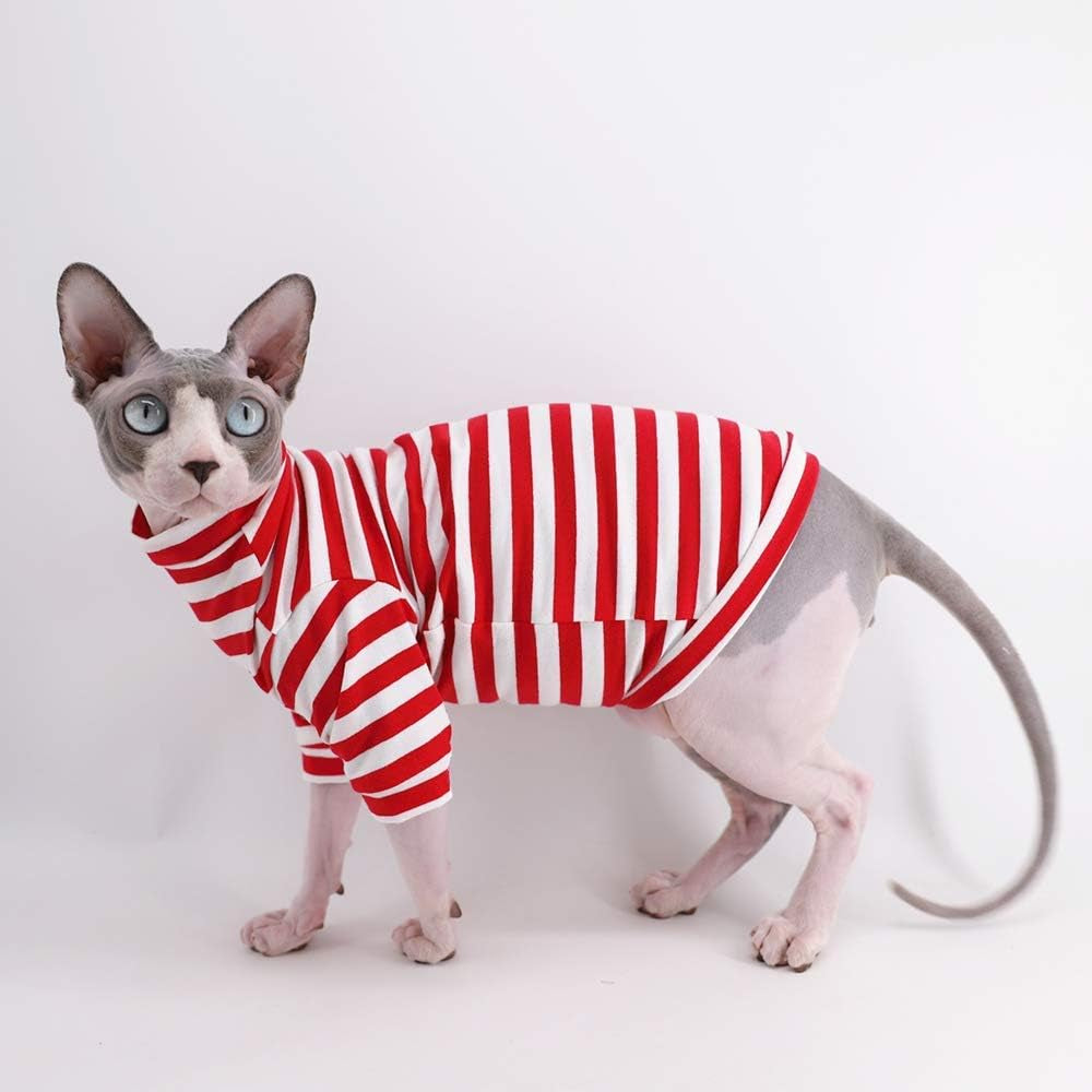 Sphynx Hairless Cat Red Stripe Breathable Summer Cotton T-Shirts Pet Clothes,Round Collar Vest Kitten Shirts Sleeveless, Cats & Small Dogs Apparel (XL (8.8-11 Lbs), Red Stripes)