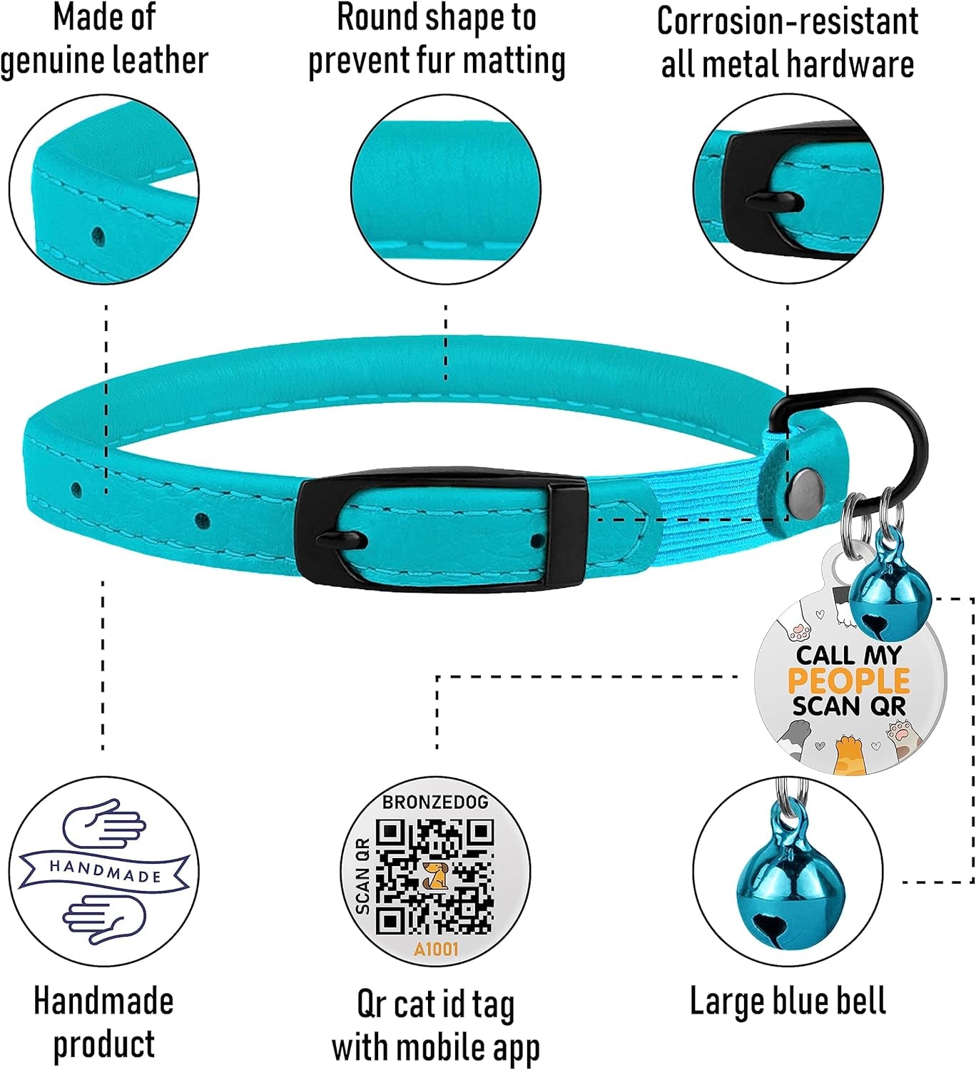 Cat Collar with Bell Kitten Rolled Leather Collars Safety QR ID Name Tag (Light Blue)