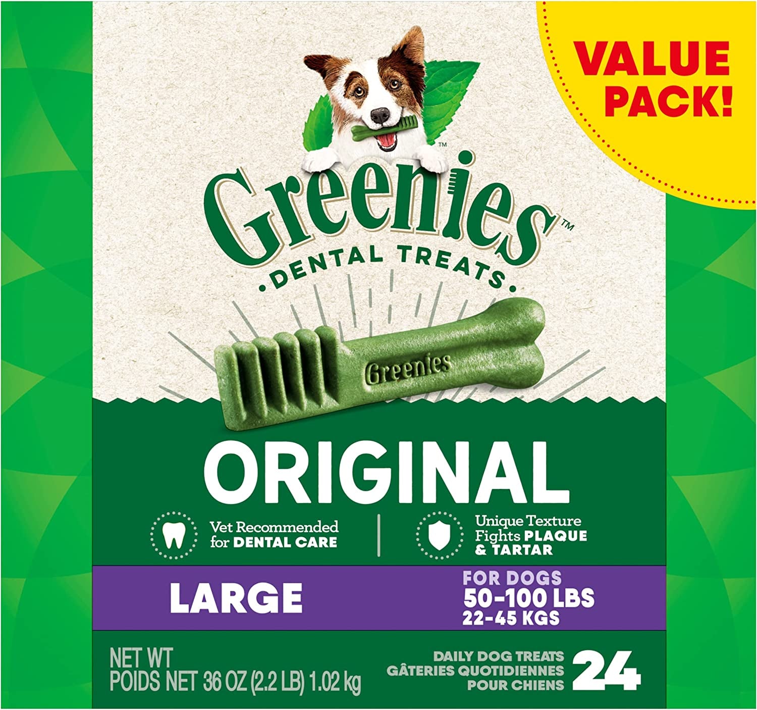 Original Large Natural Dental Care Dog Treats, 54 Oz. Pack (34 Treats)