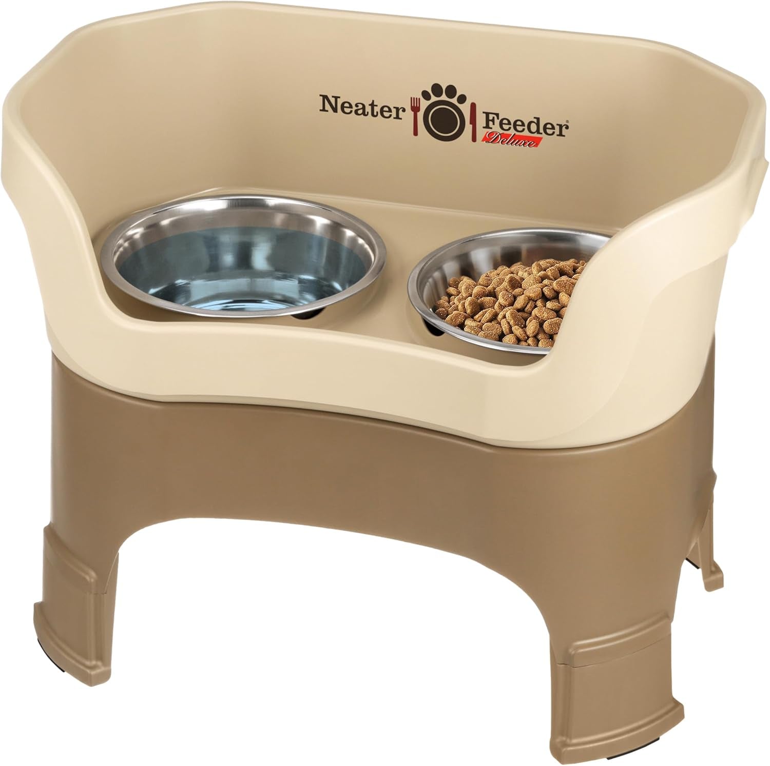 Neater Feeder Deluxe Small Mess Proof Feeder for Small Dogs & Cats, 1-1/2 Cup Food & 2-1/4 Cup Water Stainless Steel Bowls, Adjustable Height, Elevated, No Spill, Non-Tip, Non-Slip. Made in USA