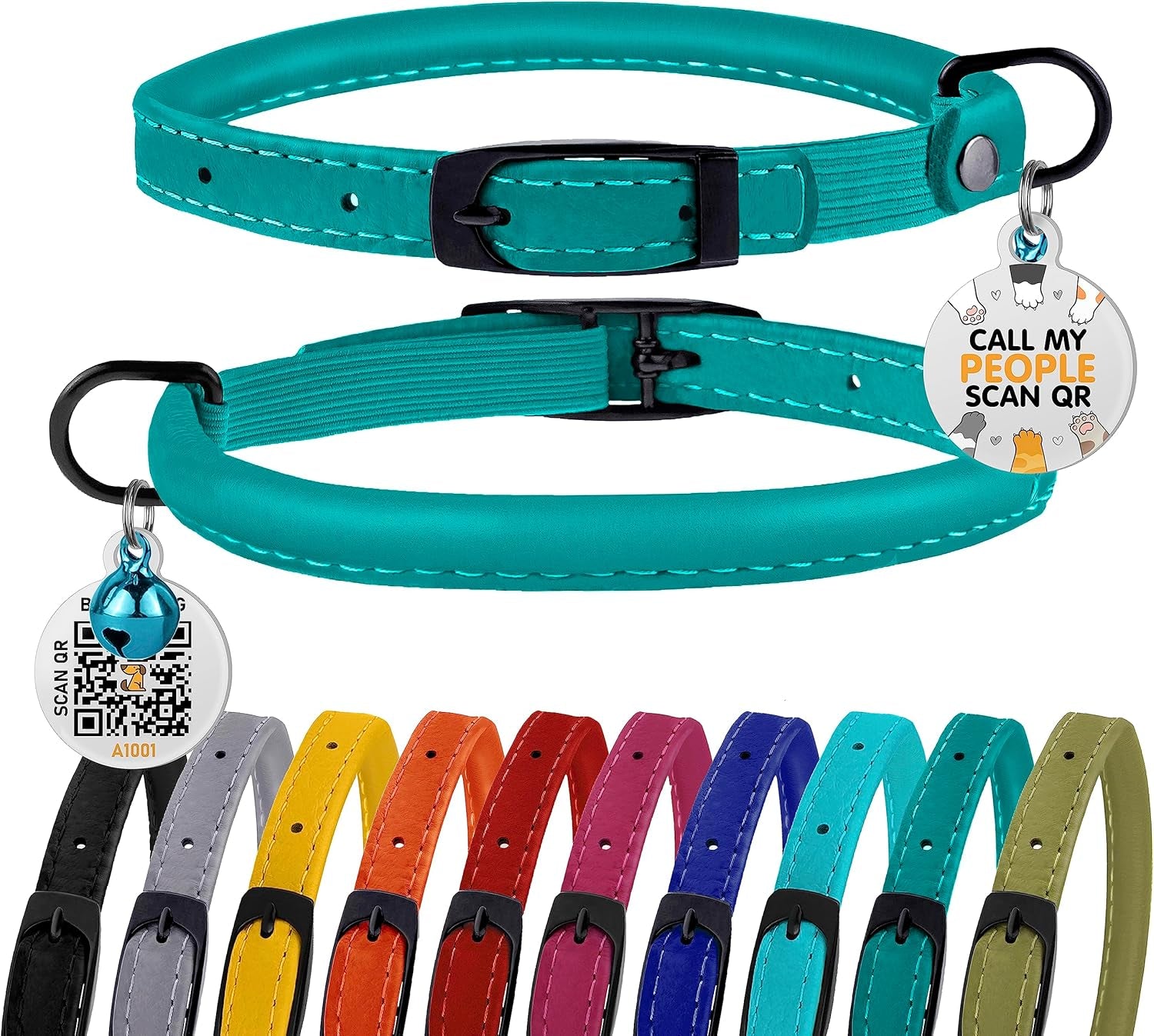 Cat Collar with Bell Kitten Rolled Leather Collars Safety QR ID Name Tag (Light Blue)