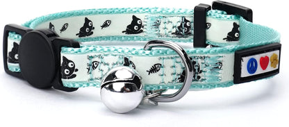 Glow in the Dark Cat Collar with Safety Buckle and Removable Bell Cat Collar Kitten Collar Teal Cat Collar