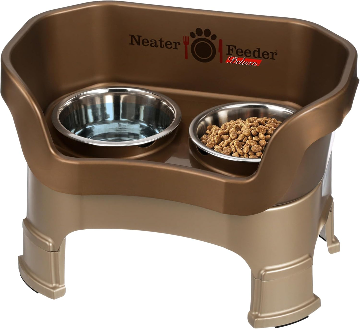 Neater Feeder Deluxe Small Mess Proof Feeder for Small Dogs & Cats, 1-1/2 Cup Food & 2-1/4 Cup Water Stainless Steel Bowls, Adjustable Height, Elevated, No Spill, Non-Tip, Non-Slip. Made in USA