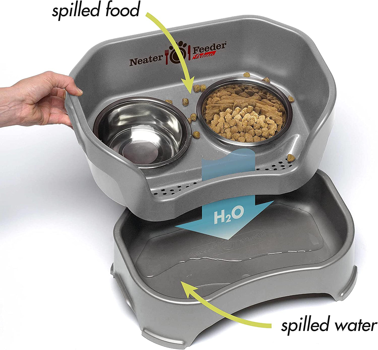 Neater Feeder Deluxe Small Mess Proof Feeder for Small Dogs & Cats, 1-1/2 Cup Food & 2-1/4 Cup Water Stainless Steel Bowls, Adjustable Height, Elevated, No Spill, Non-Tip, Non-Slip. Made in USA