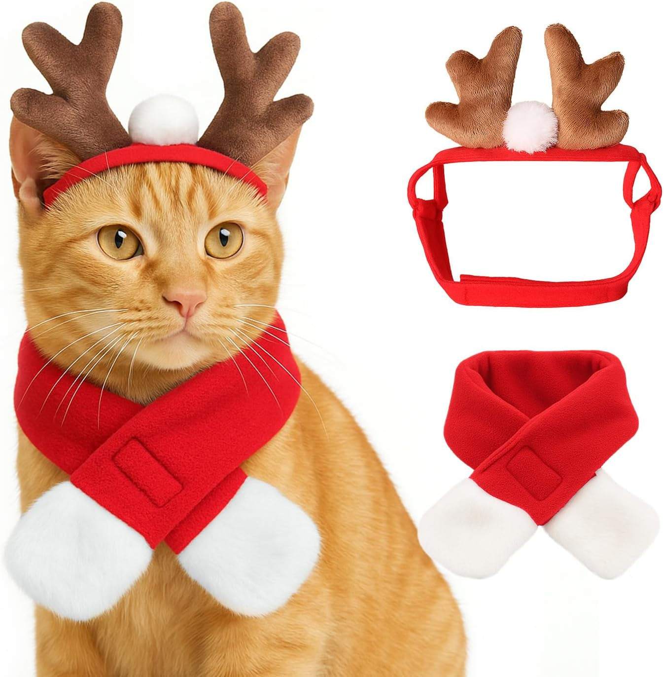 Christmas Cat Hats Costume, Santa Hat with Red Scarf for Cats Small Dogs, Rabbit Christmas Hat Outfit, Small Xmas Apparel for Statue, Toys Decoration