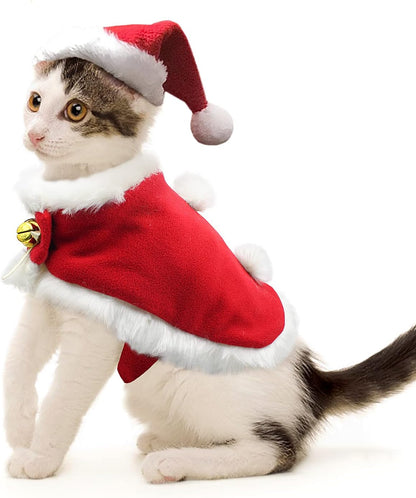 Christmas Cat Hats Costume, Santa Hat with Red Scarf for Cats Small Dogs, Rabbit Christmas Hat Outfit, Small Xmas Apparel for Statue, Toys Decoration