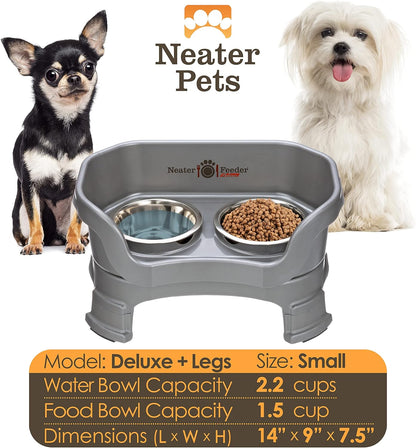 Neater Feeder Deluxe Small Mess Proof Feeder for Small Dogs & Cats, 1-1/2 Cup Food & 2-1/4 Cup Water Stainless Steel Bowls, Adjustable Height, Elevated, No Spill, Non-Tip, Non-Slip. Made in USA