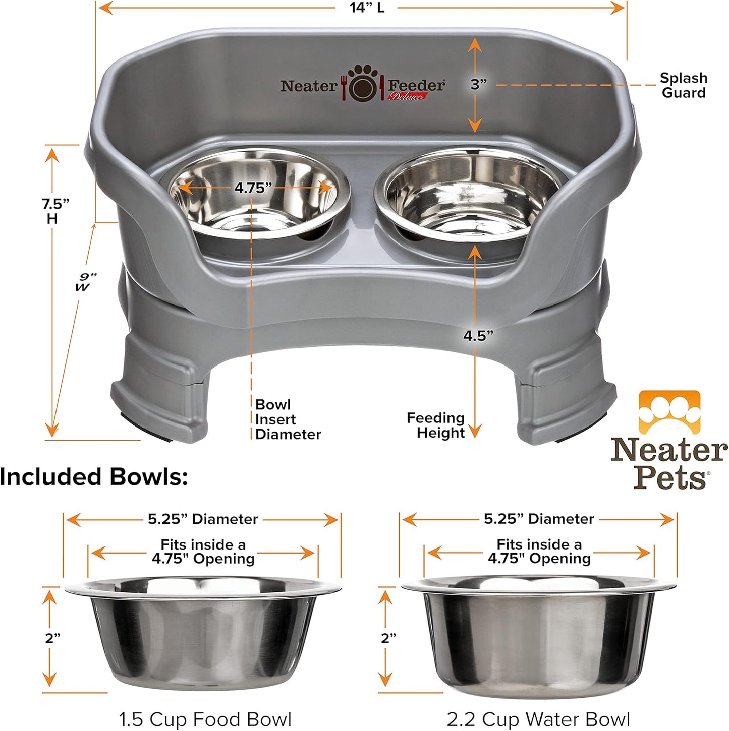 Neater Feeder Deluxe Small Mess Proof Feeder for Small Dogs & Cats, 1-1/2 Cup Food & 2-1/4 Cup Water Stainless Steel Bowls, Adjustable Height, Elevated, No Spill, Non-Tip, Non-Slip. Made in USA