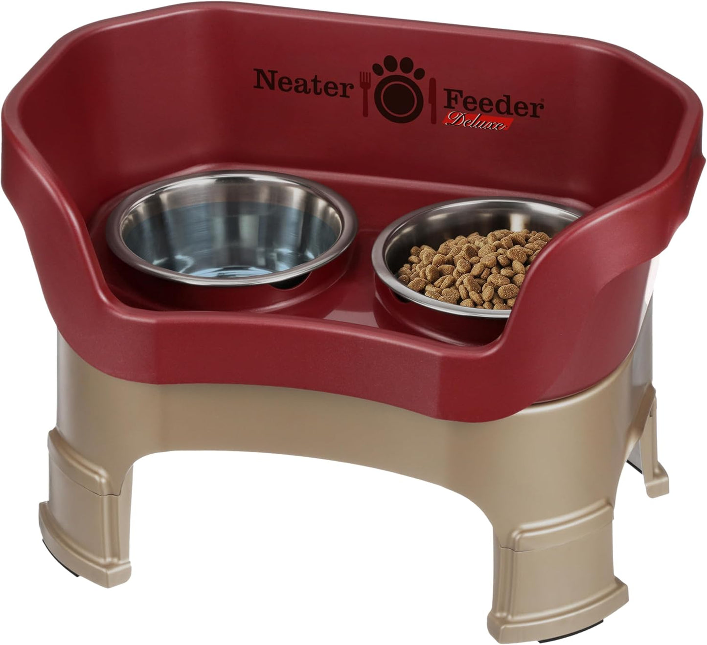 Neater Feeder Deluxe Small Mess Proof Feeder for Small Dogs & Cats, 1-1/2 Cup Food & 2-1/4 Cup Water Stainless Steel Bowls, Adjustable Height, Elevated, No Spill, Non-Tip, Non-Slip. Made in USA