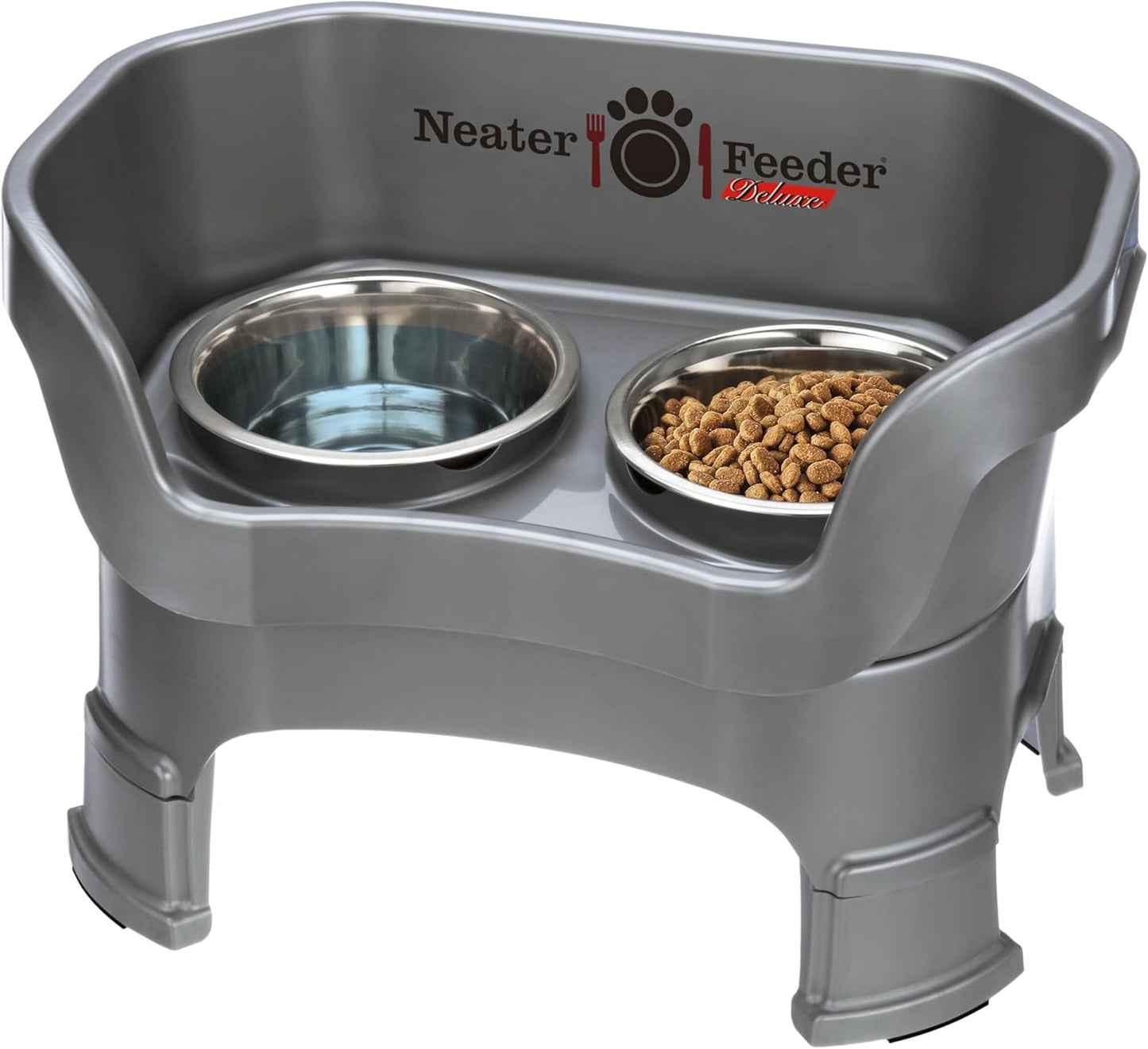 Neater Feeder Deluxe Small Mess Proof Feeder for Small Dogs & Cats, 1-1/2 Cup Food & 2-1/4 Cup Water Stainless Steel Bowls, Adjustable Height, Elevated, No Spill, Non-Tip, Non-Slip. Made in USA