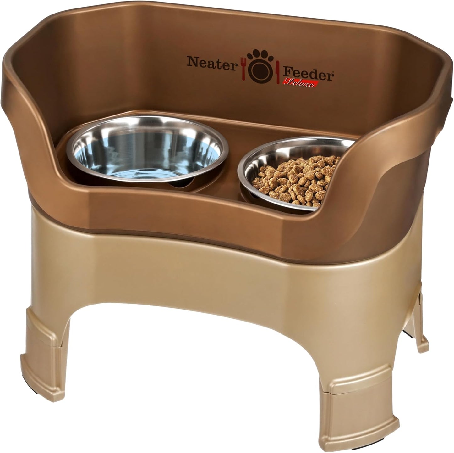 Neater Feeder Deluxe Small Mess Proof Feeder for Small Dogs & Cats, 1-1/2 Cup Food & 2-1/4 Cup Water Stainless Steel Bowls, Adjustable Height, Elevated, No Spill, Non-Tip, Non-Slip. Made in USA