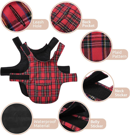 Plaid Dog Fleece Vest, Reversible Warm Dog Clothes, Winter Dog Coat for Cold Weather, Dog Fleece Jacket with Pockets, Sweaters for Small Medium Large Dogs Christmas Costume