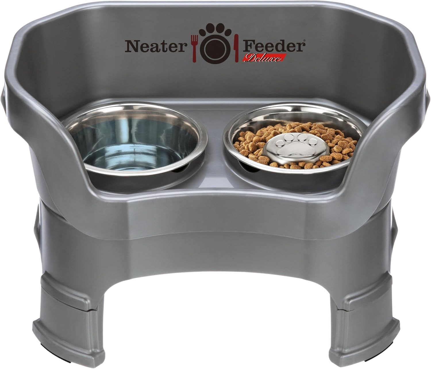 Neater Feeder Deluxe Small Mess Proof Feeder for Small Dogs & Cats, 1-1/2 Cup Food & 2-1/4 Cup Water Stainless Steel Bowls, Adjustable Height, Elevated, No Spill, Non-Tip, Non-Slip. Made in USA