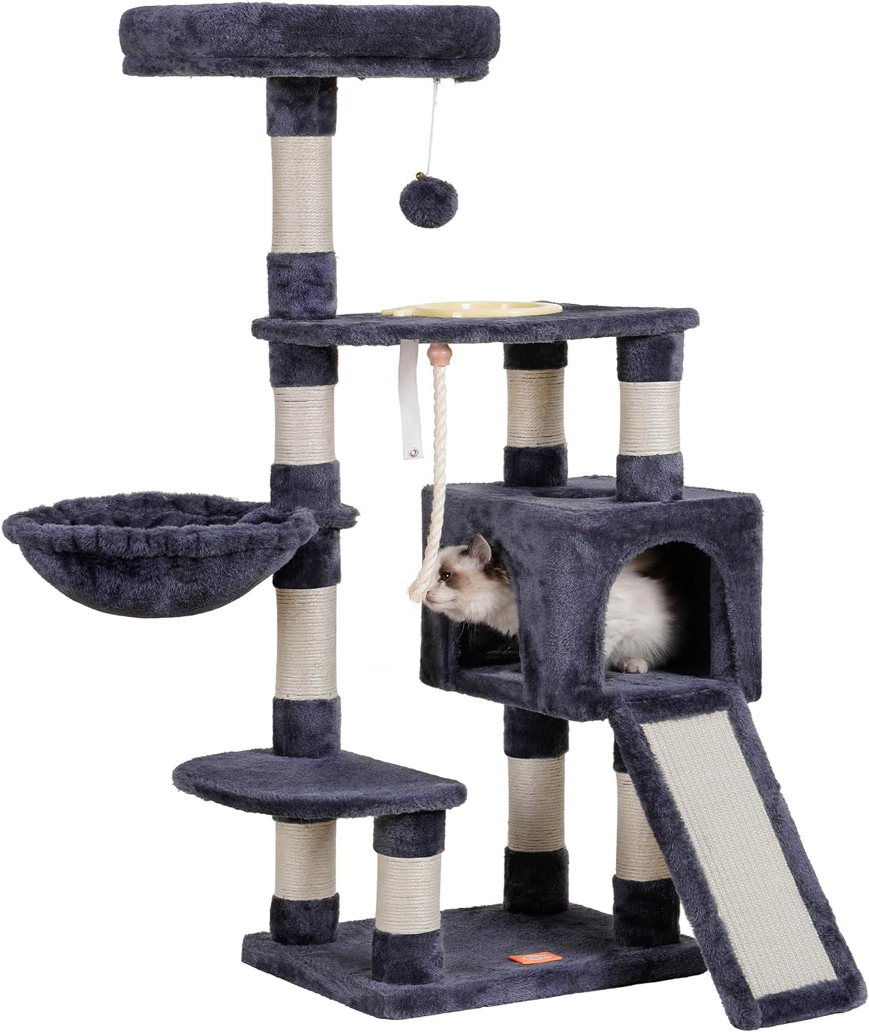 Cat Tree, Cat Tower for Indoor Cats with Scratching Board, Multi-Level Cat Furniture Condo with Feeding Bowl Smoky Gray HCT010G