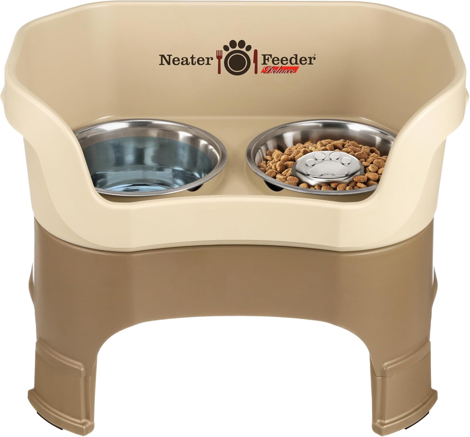 Neater Feeder Deluxe Small Mess Proof Feeder for Small Dogs & Cats, 1-1/2 Cup Food & 2-1/4 Cup Water Stainless Steel Bowls, Adjustable Height, Elevated, No Spill, Non-Tip, Non-Slip. Made in USA